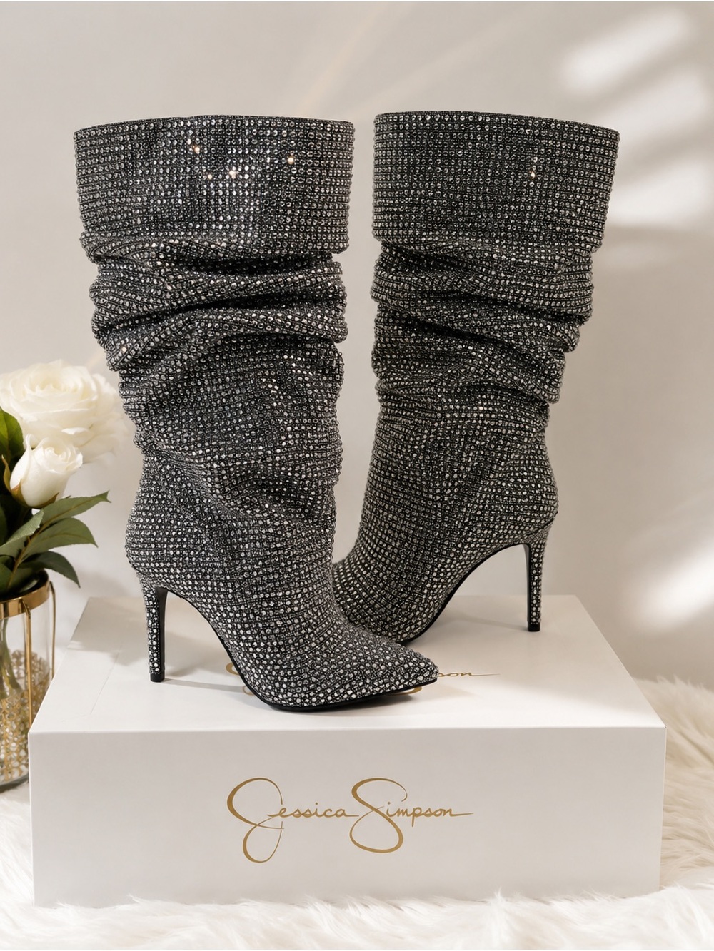 NWT Jessica Simpson Rhinestone Slouch Boots Silver Crystal Size 6 / 36.5